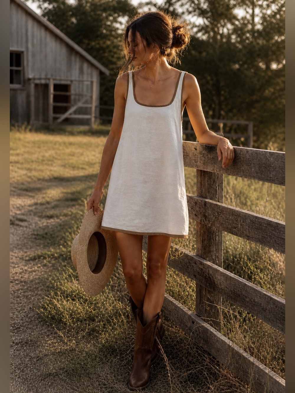 Beige Linen Bend Mini Dress with Brown Trim Buckle, Pockets Rustic Detail Size M